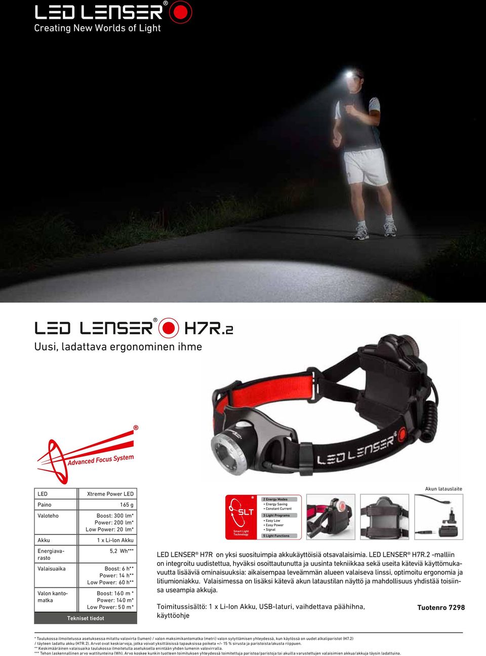 Power: 60 h** Boost: 160 m * Power: 140 m* Low Power: 50 m* Tekniset tiedot LENSER H7R 