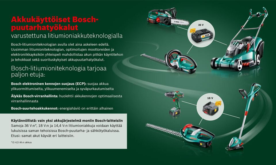 Bosch-litiumioniteknologia tarjoaa paljon etuja: Bosch elektroninen kennojen suojaus (ECP): suojaa akkua ylikuormittumiselta, ylikuumenemiselta ja syväpurkautumiselta Älykäs Bosch-virranhallinta: