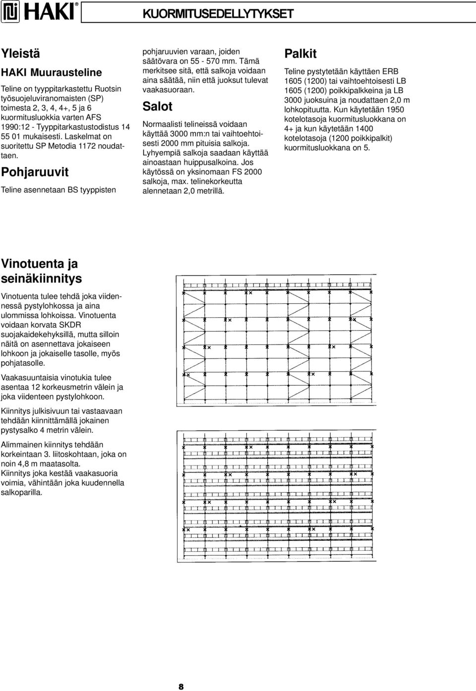 Tämä merkitsee sitä, että salkoja voidaan aina säätää, niin että juoksut tulevat vaakasuoraan. Salot Normaalisti telineissä voidaan käyttää 3000 mm:n tai vaihtoehtoisesti 2000 mm pituisia salkoja.