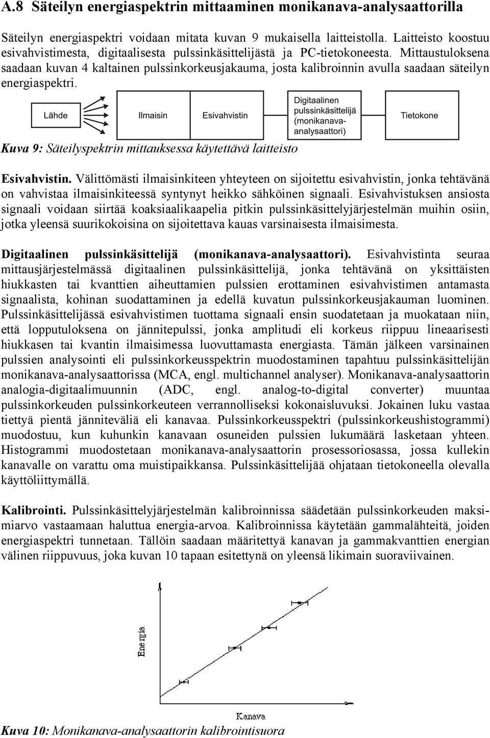 Mittaustuloksena saadaan kuvan 4 kaltainen pulssinkorkeusjakauma, josta kalibroinnin avulla saadaan säteilyn energiaspektri. Kuva 9: Säteilyspektrin mittauksessa käytettävä laitteisto Esivahvistin.