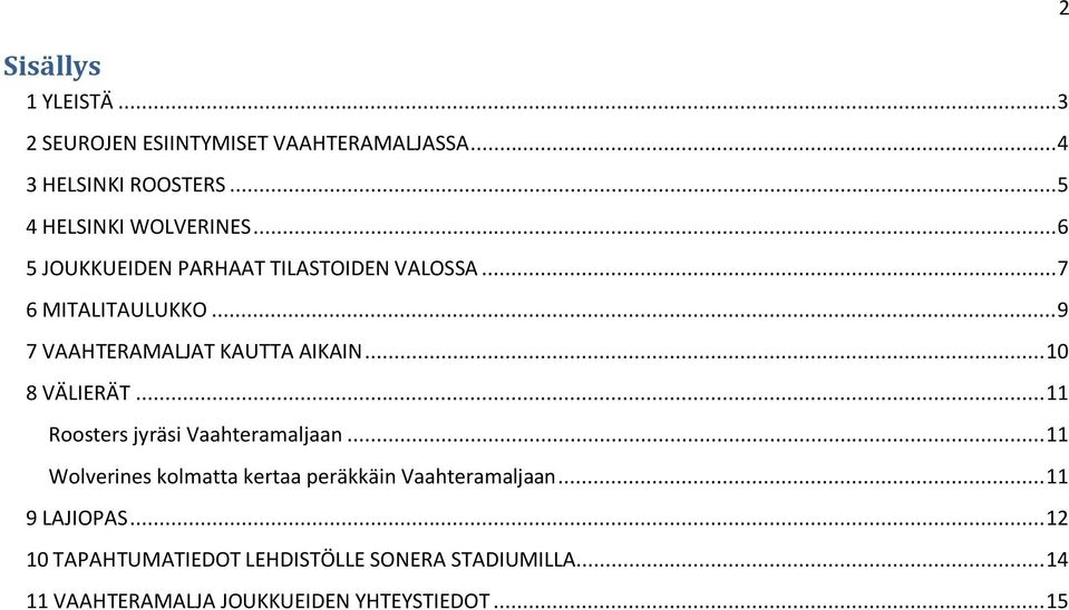 .. 10 8 VÄLIERÄT... 11 Roosters jyräsi Vaahteramaljaan... 11 Wolverines kolmatta kertaa peräkkäin Vaahteramaljaan.