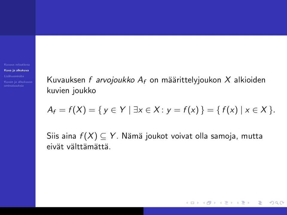 y = f (x) } = { f (x) x X }. Siis aina f (X ) Y.