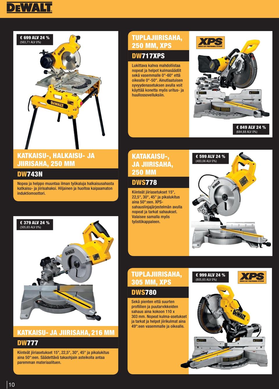 CROSS CUT POSITIONING SYSTEM 849 ALV 24 % (684,68 ALV 0%) KATKAISU-, HALKAISU- JA JIIRISAHA, 250 MM DW743N Nopea ja helppo muuntaa ilman työkaluja halkaisusahasta katkaisu- ja jiirisahaksi.
