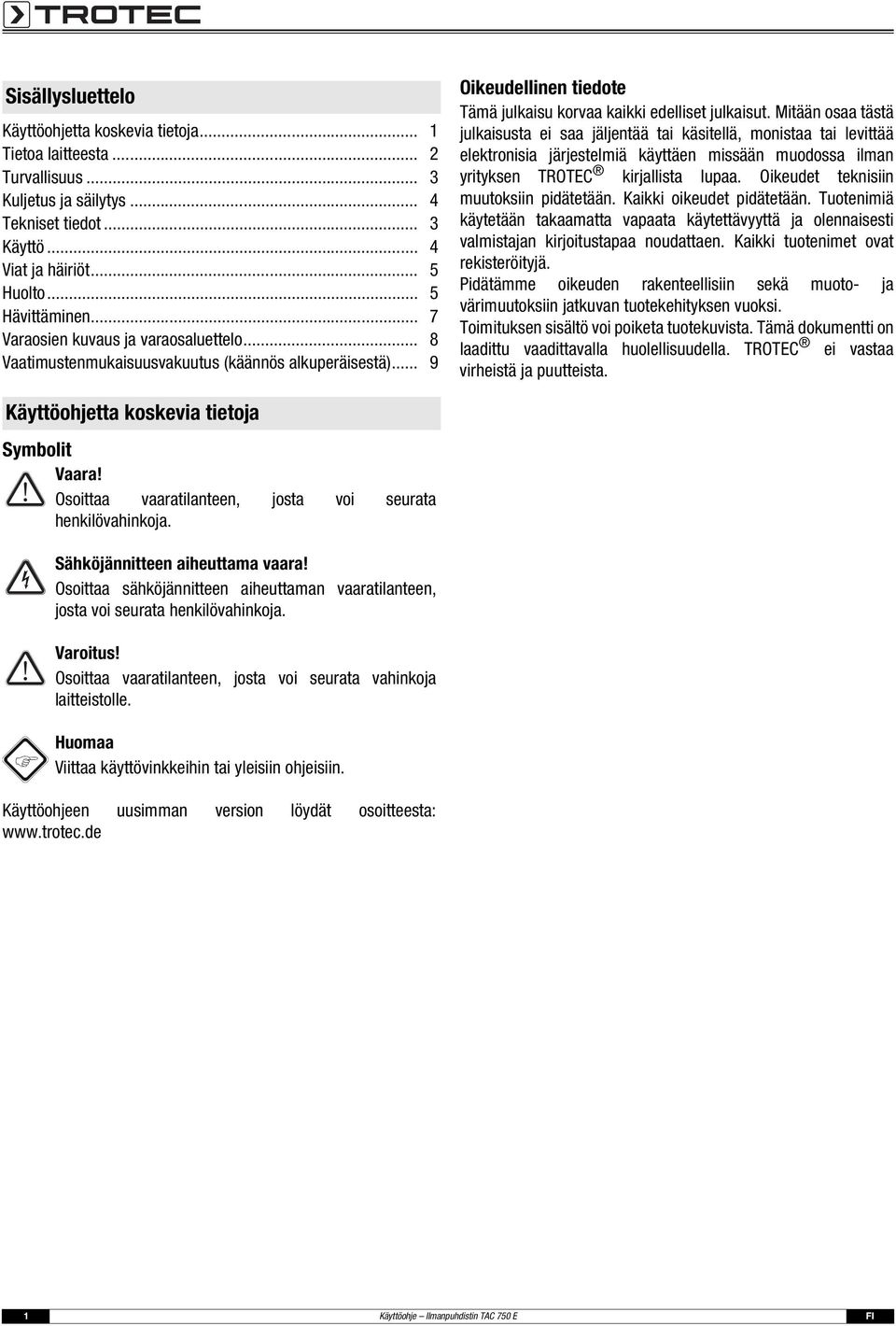 Mitään osaa tästä julkaisusta ei saa jäljentää tai käsitellä, monistaa tai levittää elektronisia järjestelmiä käyttäen missään muodossa ilman yrityksen TROTEC kirjallista lupaa.