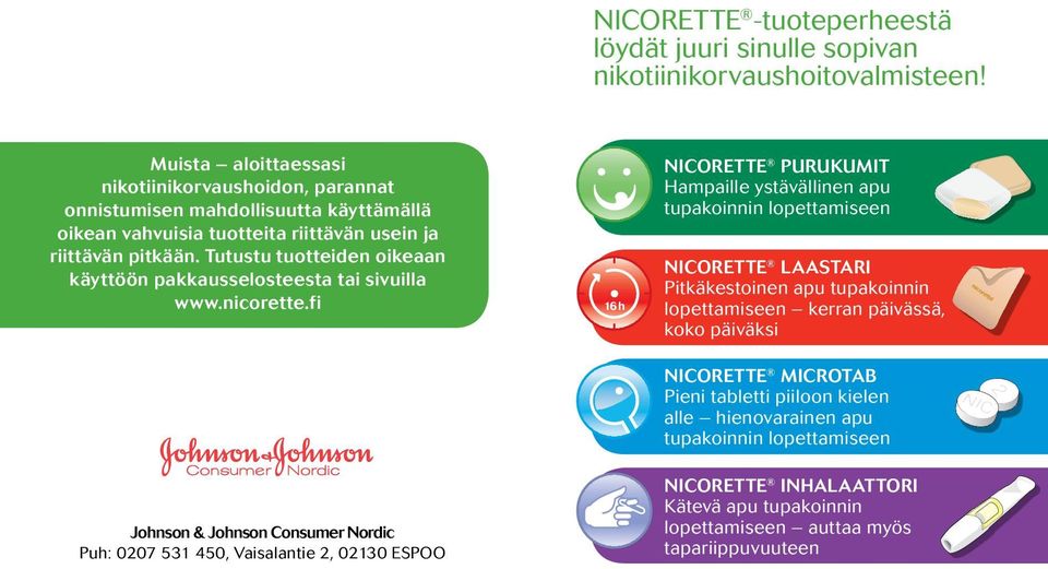 Tutustu tuotteiden oikeaan käyttöön pakkausselosteesta tai sivuilla www.nicorette.