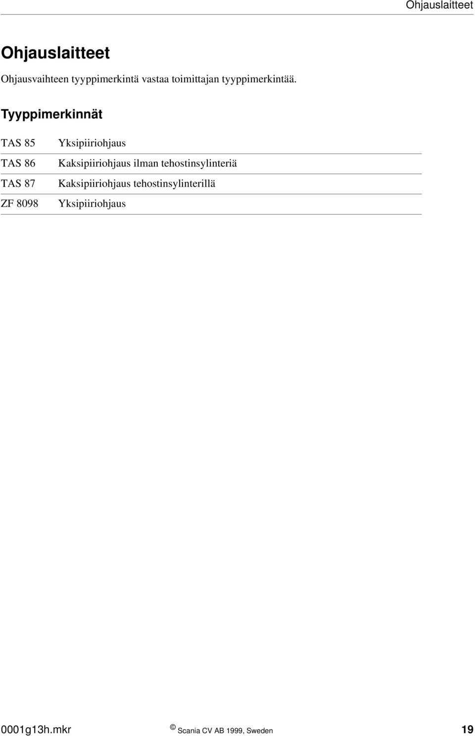 Tyyppimerkinnät TAS 85 TAS 86 TAS 87 ZF 8098 Yksipiiriohjaus