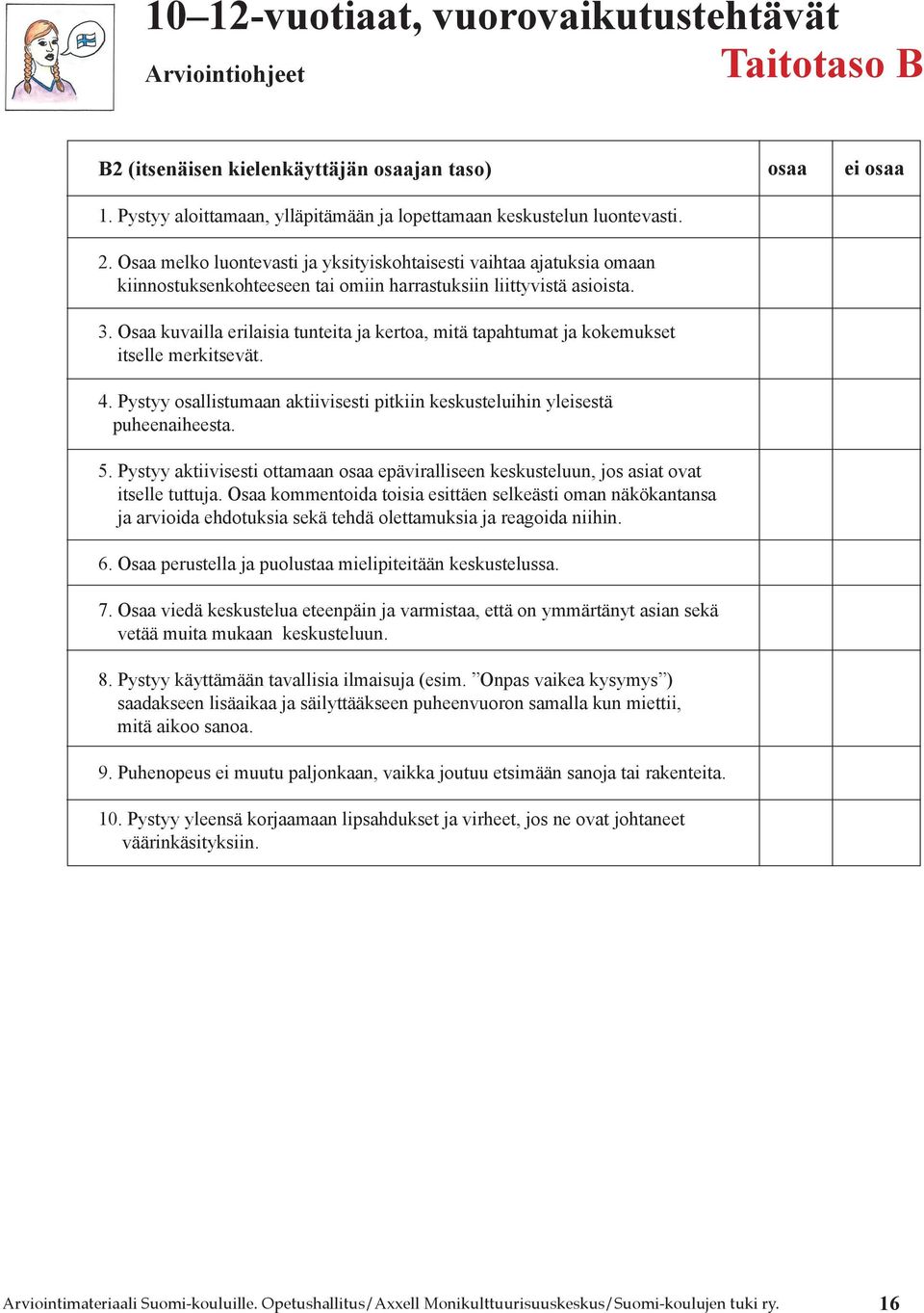 Osaa kuvailla erilaisia tunteita ja kertoa, mitä tapahtumat ja kokemukset itselle merkitsevät. 4. Pystyy osallistumaan aktiivisesti pitkiin keskusteluihin yleisestä puheenaiheesta. 5.