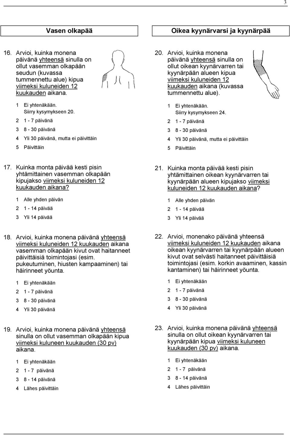 Kuinka monta päivää kesti pisin yhtämittainen vasemman olkapään 21. Kuinka monta päivää kesti pisin yhtämittainen oikean kyynärvarren tai kyynärpään alueen kipujakso viimeksi kuluneiden 12 18.