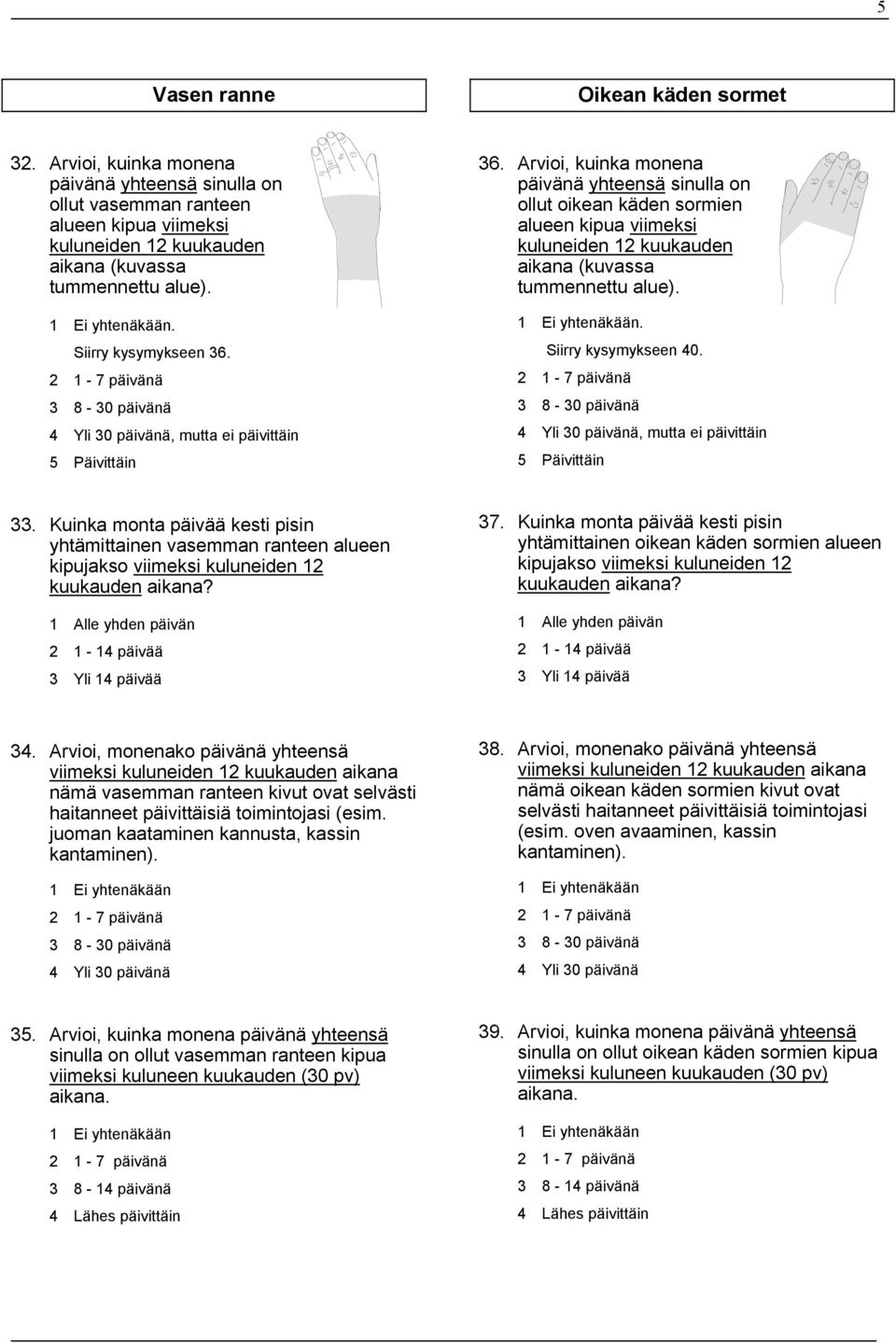 Kuinka monta päivää kesti pisin yhtämittainen vasemman ranteen alueen 37. Kuinka monta päivää kesti pisin yhtämittainen oikean käden sormien alueen 34.