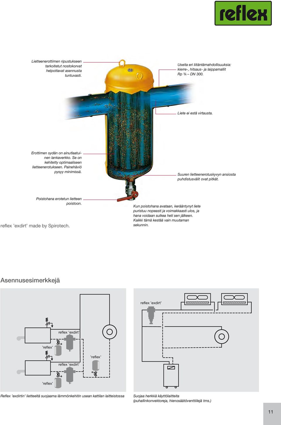Poistohana erotetun lietteen poistoon. reflex exdirt made by Spirotech. Kun poistohana avataan, kerääntynyt liete puristuu nopeasti ja voimakkaasti ulos, ja hana voidaan sulkea heti sen jälkeen.