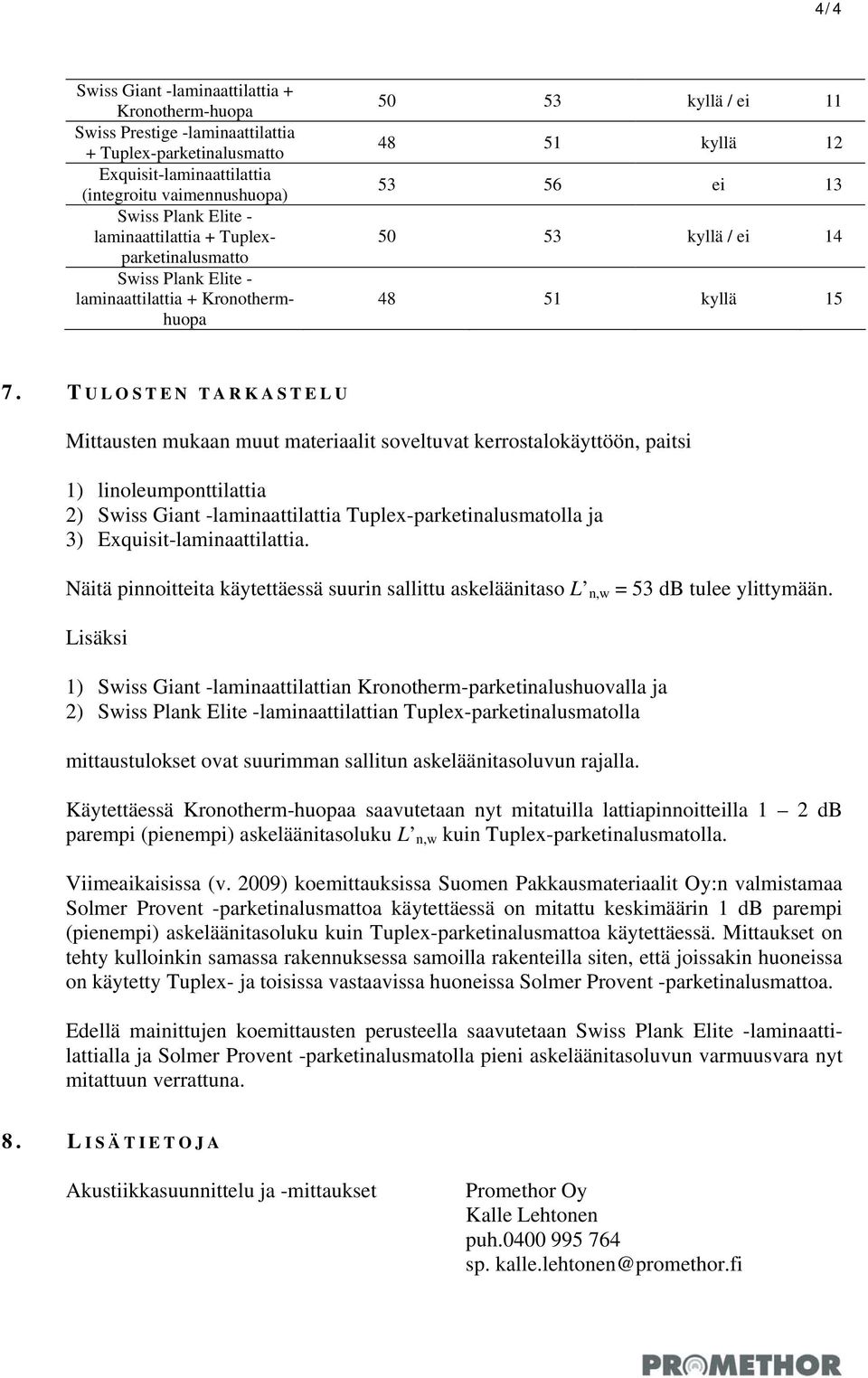 T ULOSTEN TARKASTELU Mittausten mukaan muut materiaalit soveltuvat kerrostalokäyttöön, paitsi 1) linoleumponttilattia 2) Swiss Giant -laminaattilattia Tuplex-parketinalusmatolla ja 3)