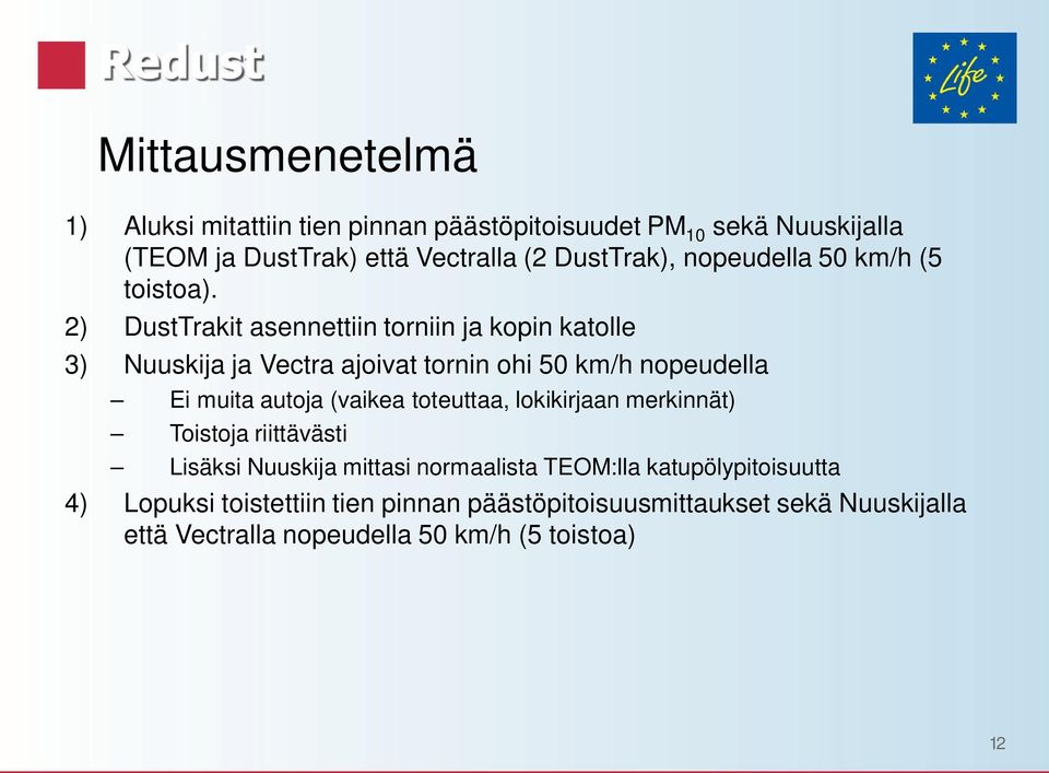 2) DustTrakit asennettiin torniin ja kopin katolle 3) Nuuskija ja Vectra ajoivat tornin ohi 50 km/h nopeudella Ei muita autoja (vaikea