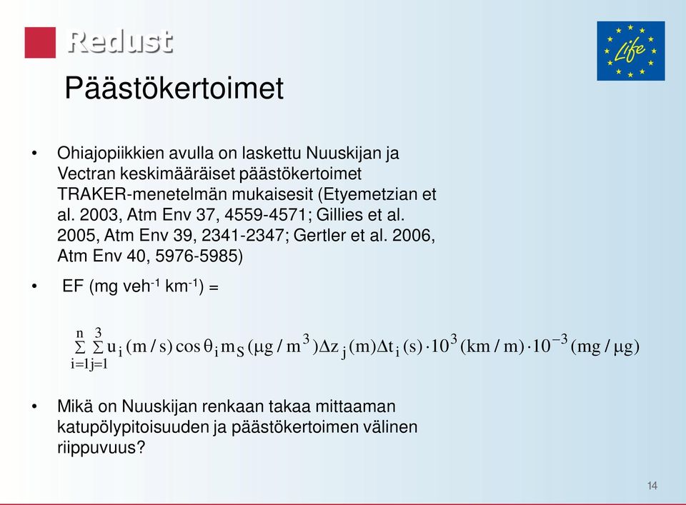 2006, Atm Env 40, 5976-5985) EF (mg veh -1 km -1 ) = n 3 i 1j 1 u i (m / s) cos i m S ( g / m 3 ) z j (m) t i (s) 10 3