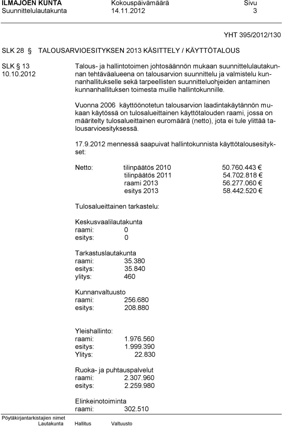 Vuonna 2006 käyttöönotetun talousarvion laadintakäytännön mukaan käytössä on tulosalueittainen käyttötalouden raami, jossa on määritelty tulosalueittainen euromäärä (netto), jota ei tule ylittää