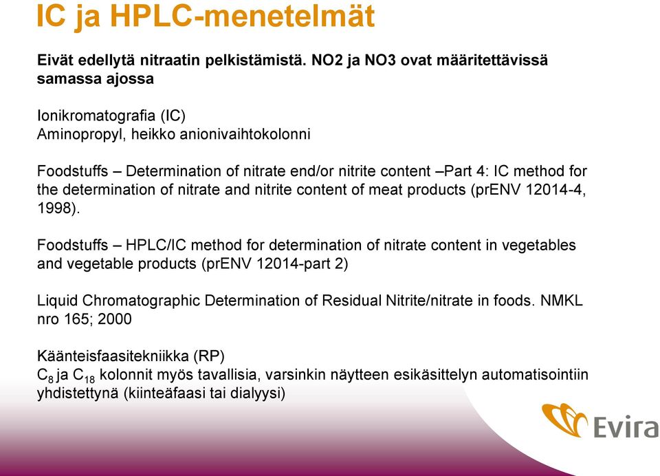 IC method for the determination of nitrate and nitrite content of meat products (prenv 12014-4, 1998).