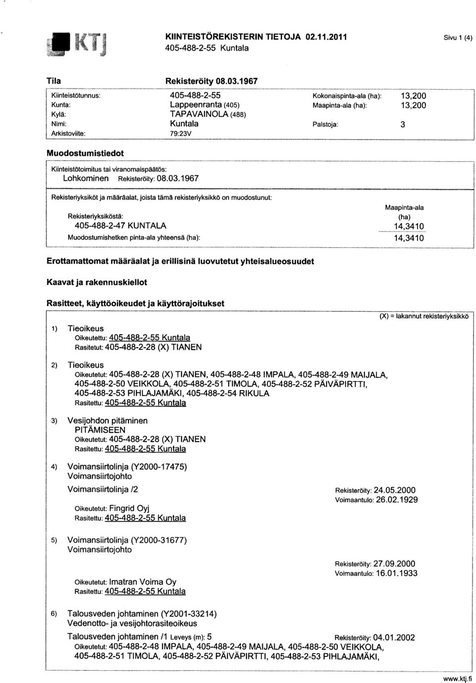 (ha): Maapinta-ala (ha): Palstoja: Muodostumistiedot Kiinteistötoimitus tai viranomaispäätös: Lohkominen Rekisteröity: 08.03.