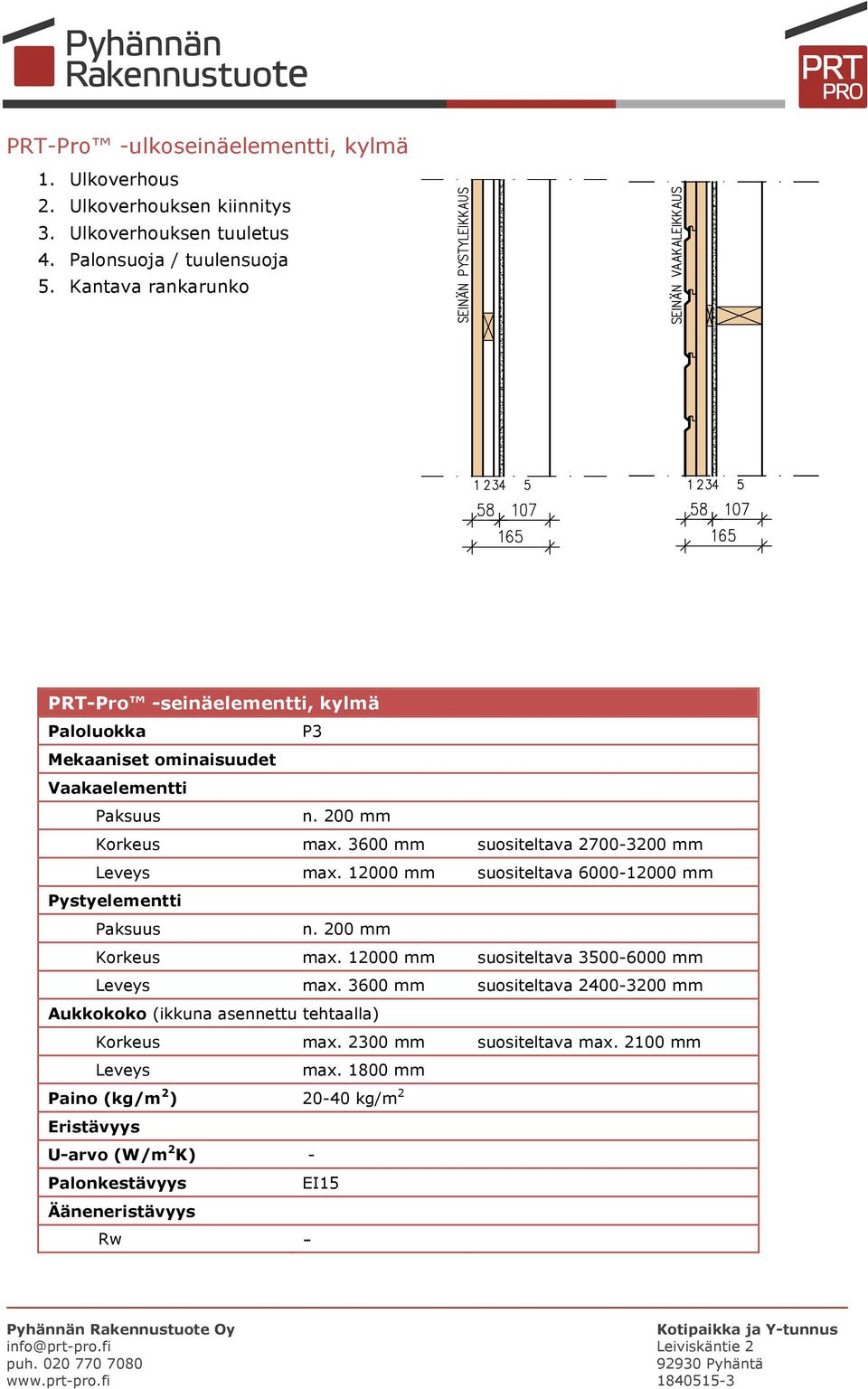 3600 mm suositeltava 2700-3200 mm Leveys max. 12000 mm suositeltava 6000-12000 mm Pystyelementti n. 200 mm Korkeus max. 12000 mm suositeltava 3500-6000 mm Leveys max.