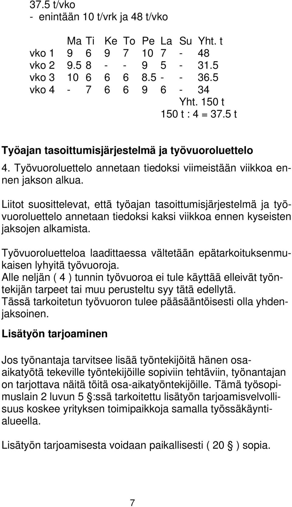 Liitot suosittelevat, että työajan tasoittumisjärjestelmä ja työvuoroluettelo annetaan tiedoksi kaksi viikkoa ennen kyseisten jaksojen alkamista.