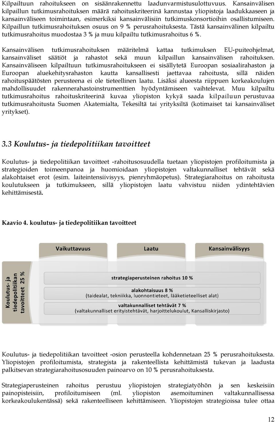 osallistumiseen. Kilpaillun tutkimusrahoituksen osuus on 9 % perusrahoituksesta. Tästä kansainvälinen kilpailtu tutkimusrahoitus muodostaa 3 % ja muu kilpailtu tutkimusrahoitus 6 %.