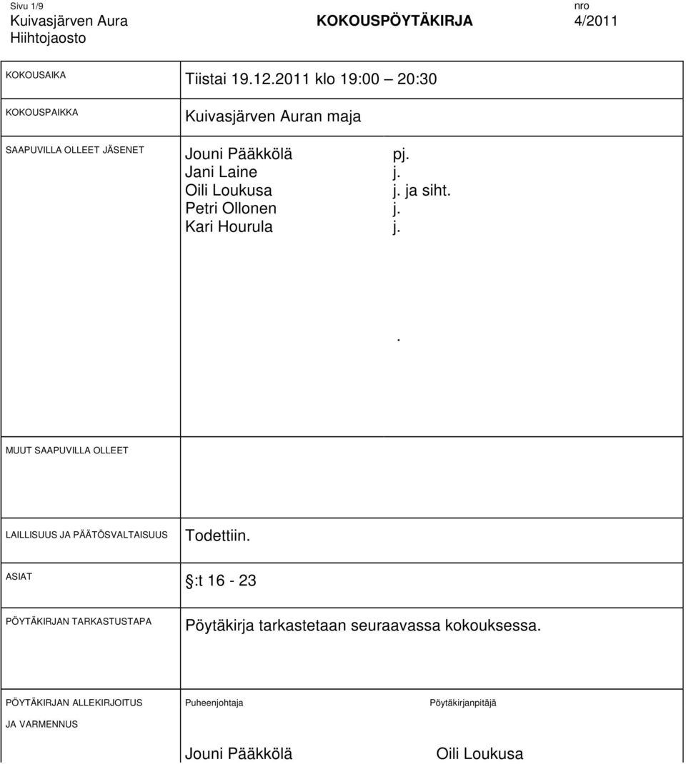 Loukusa Petri Ollonen Kari Hourula pj. j. j. ja siht. j. j.. MUUT SAAPUVILLA OLLEET LAILLISUUS JA PÄÄTÖSVALTAISUUS Todettiin.