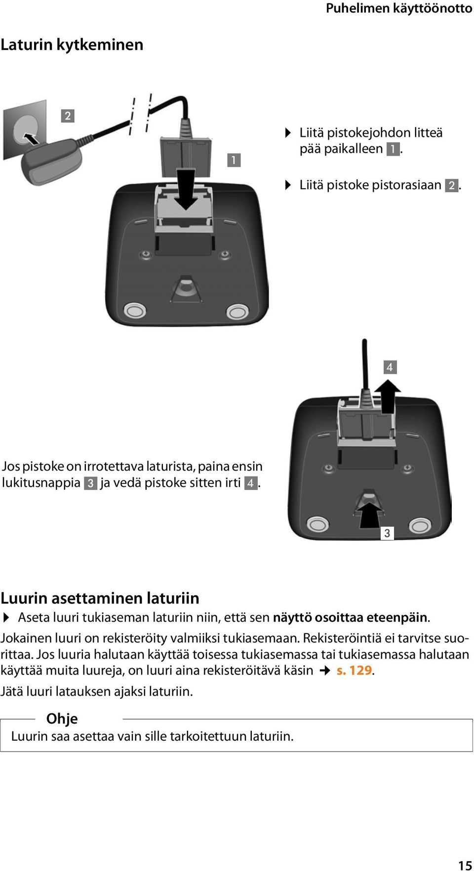 1 3 Luurin asettaminen laturiin Aseta luuri tukiaseman laturiin niin, että sen näyttö osoittaa eteenpäin. Jokainen luuri on rekisteröity valmiiksi tukiasemaan.