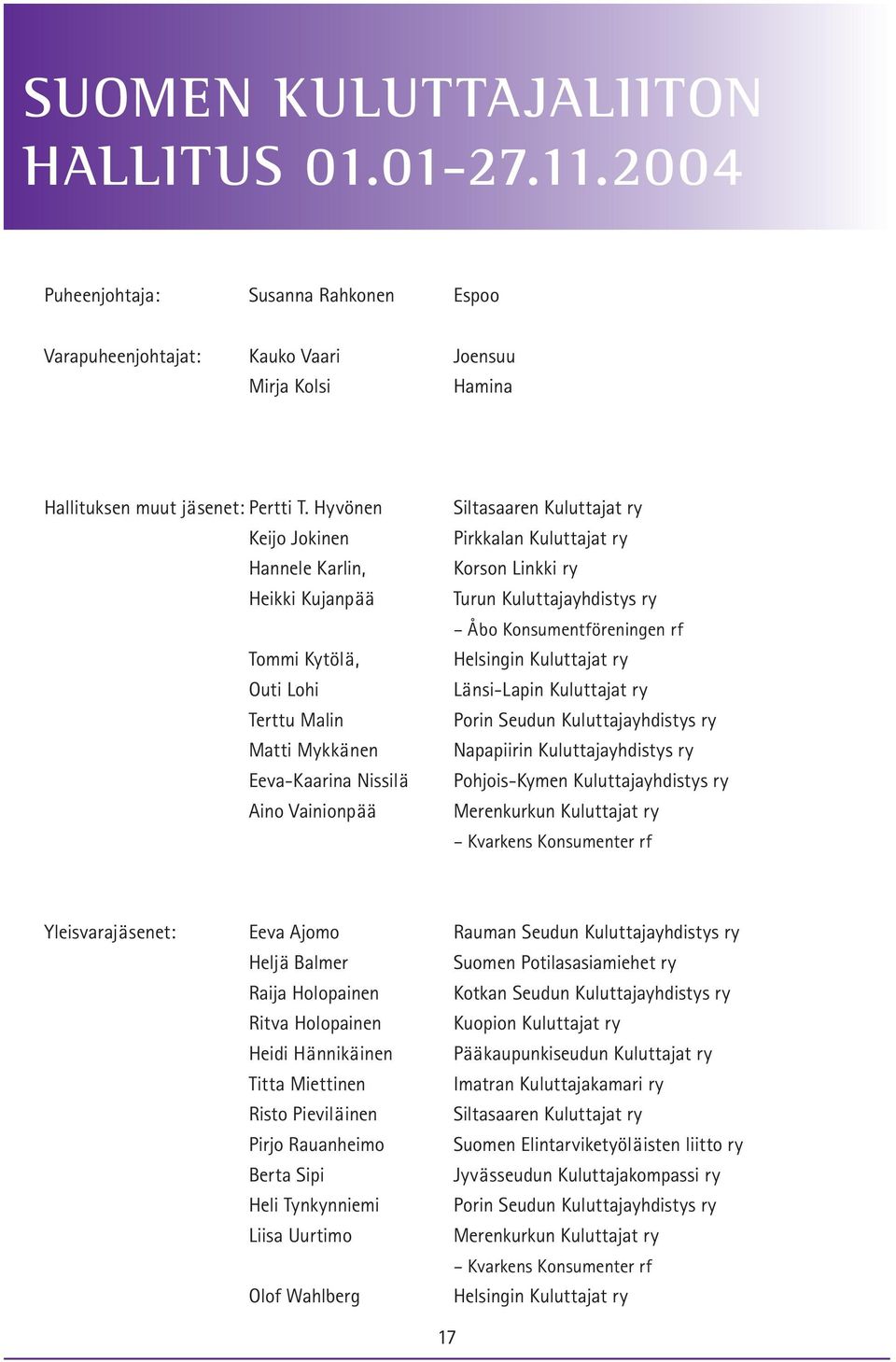 Linkki ry Turun Kuluttajayhdistys ry Åbo Konsumentföreningen rf Helsingin Kuluttajat ry Länsi-Lapin Kuluttajat ry Porin Seudun Kuluttajayhdistys ry Napapiirin Kuluttajayhdistys ry Pohjois-Kymen