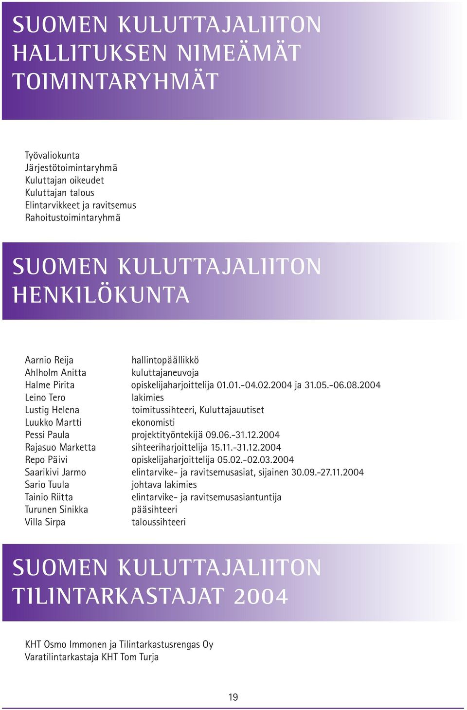 2004 Leino Tero lakimies Lustig Helena toimitussihteeri, Kuluttajauutiset Luukko Martti ekonomisti Pessi Paula projektityöntekijä 09.06.-31.12.2004 Rajasuo Marketta sihteeriharjoittelija 15.11.-31.12.2004 Repo Päivi opiskelijaharjoittelija 05.