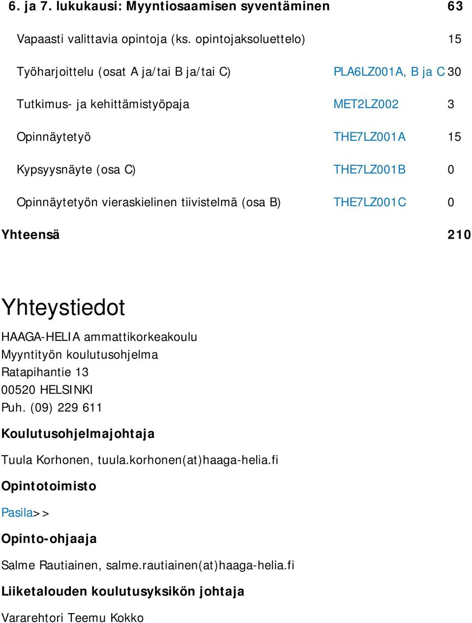 C) THE7LZ001B 0 Opinnäytetyön vieraskielinen tiivistelmä (osa B) THE7LZ001C 0 Yhteensä 210 Yhteystiedot HAAGA-HELIA ammattikorkeakoulu Myyntityön koulutusohjelma