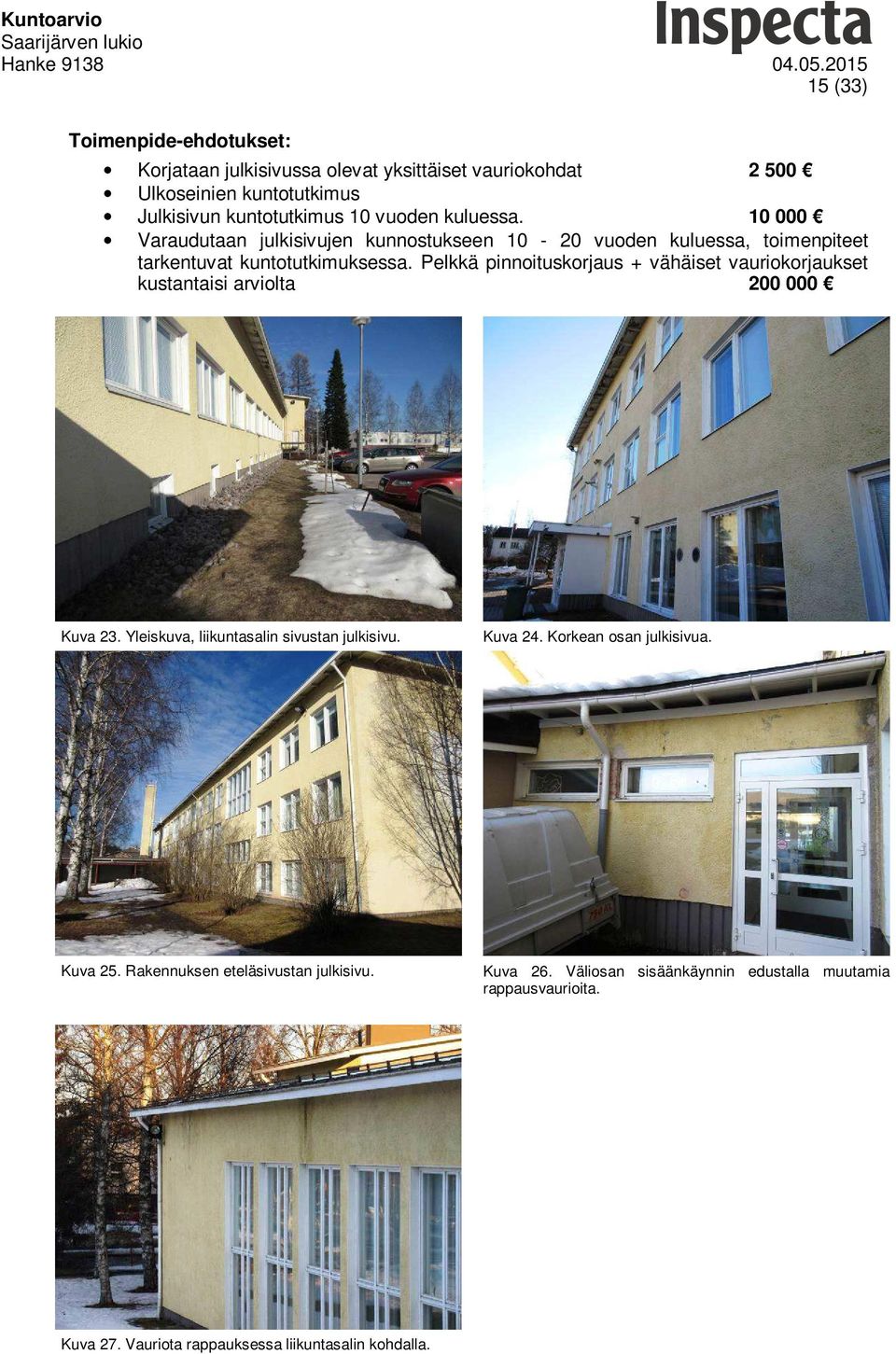 Pelkkä pinnoituskorjaus + vähäiset vauriokorjaukset kustantaisi arviolta 200 000 Kuva 23. Yleiskuva, liikuntasalin sivustan julkisivu. Kuva 24.