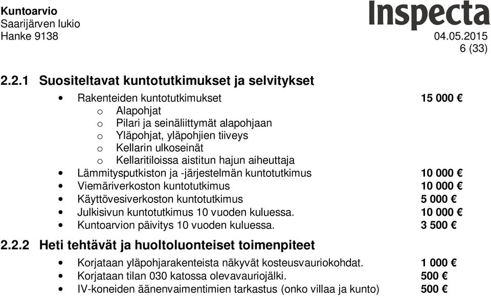Kellarin ulkoseinät o Kellaritiloissa aistitun hajun aiheuttaja Lämmitysputkiston ja -järjestelmän kuntotutkimus 10 000 Viemäriverkoston kuntotutkimus 10 000 Käyttövesiverkoston