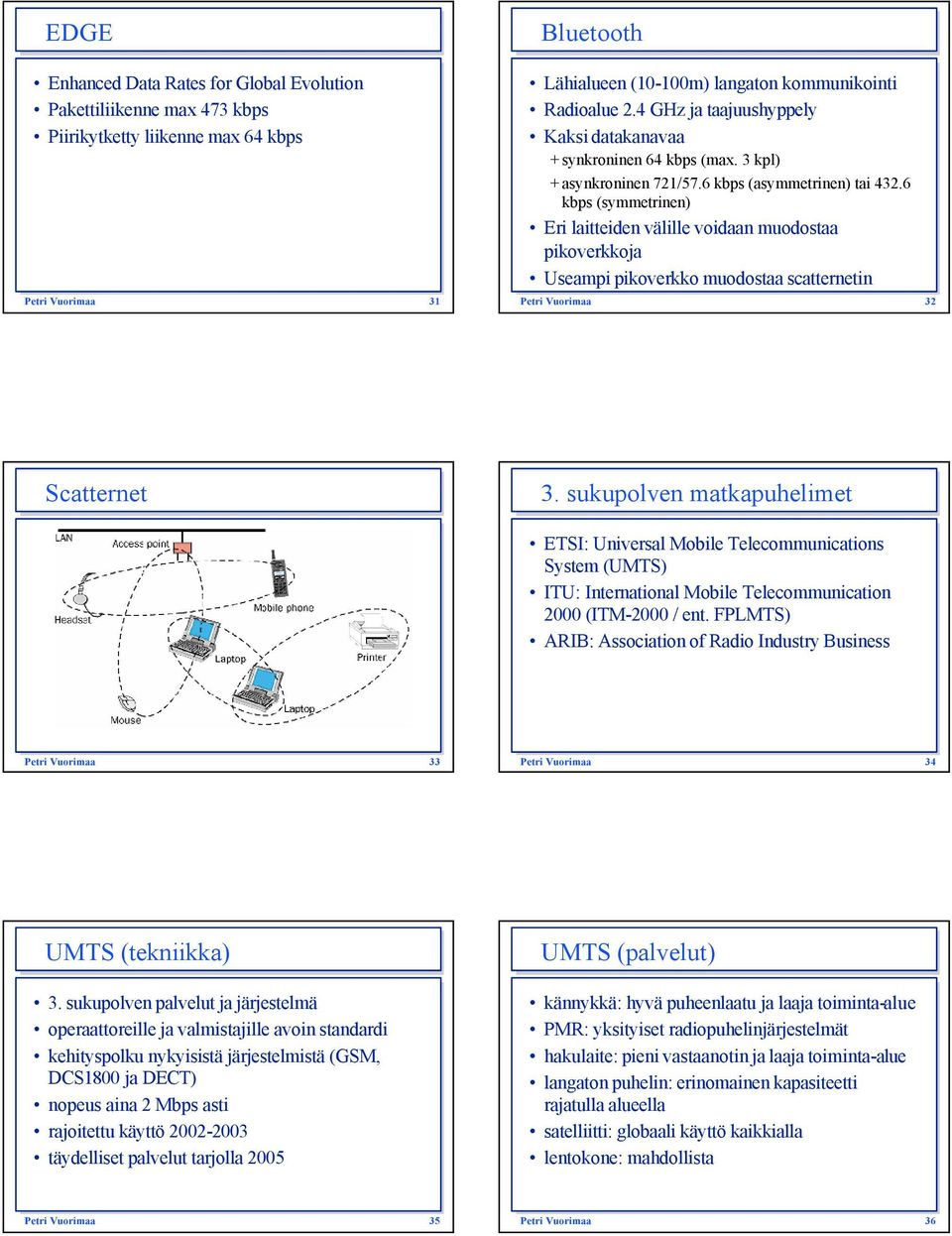 6 kbps (symmetrinen) Eri laitteiden välille voidaan muodostaa pikoverkkoja Useampi pikoverkko muodostaa scatternetin Petri Vuorimaa 32 Scatternet 3.