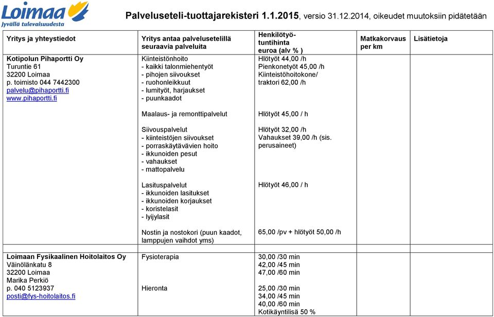 fi Kiinteistönhoito - kaikki talonmiehentyöt - pihojen siivoukset - ruohonleikkuut - lumityöt, harjaukset - puunkaadot Hlötyöt 44,00 /h Pienkonetyöt 45,00 /h Kiinteistöhoitokone/ traktori 62,00 /h