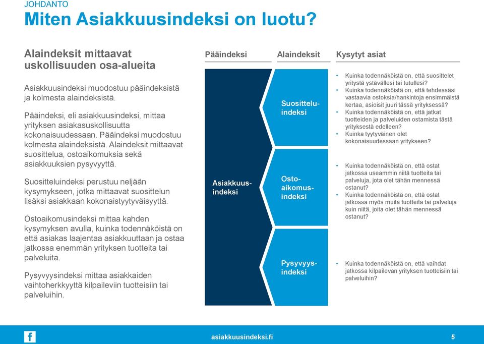 Alaindeksit mittaavat suosittelua, ostoaikomuksia sekä asiakkuuksien pysyvyyttä. Suositteluindeksi perustuu neljään kysymykseen, jotka mittaavat suosittelun lisäksi asiakkaan kokonaistyytyväisyyttä.