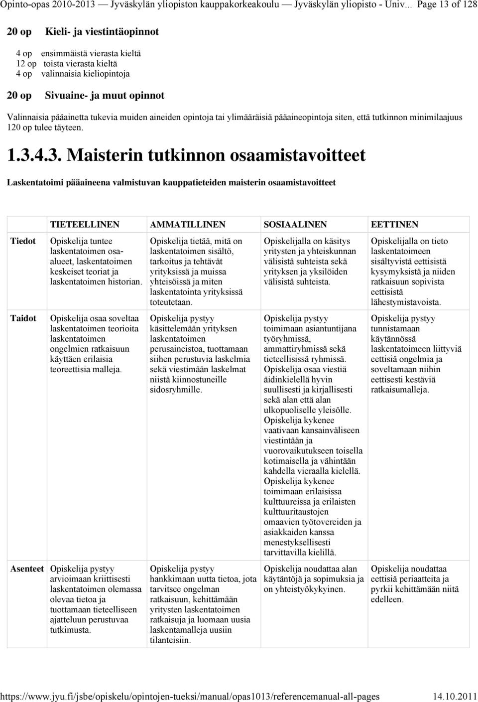 valinnaisia kieliopintoja 20 op Sivuaine- ja muut opinnot Valinnaisia pääainetta tukevia muiden aineiden opintoja tai ylimääräisiä pääaineopintoja siten, että tutkinnon minimilaajuus 120 op tulee