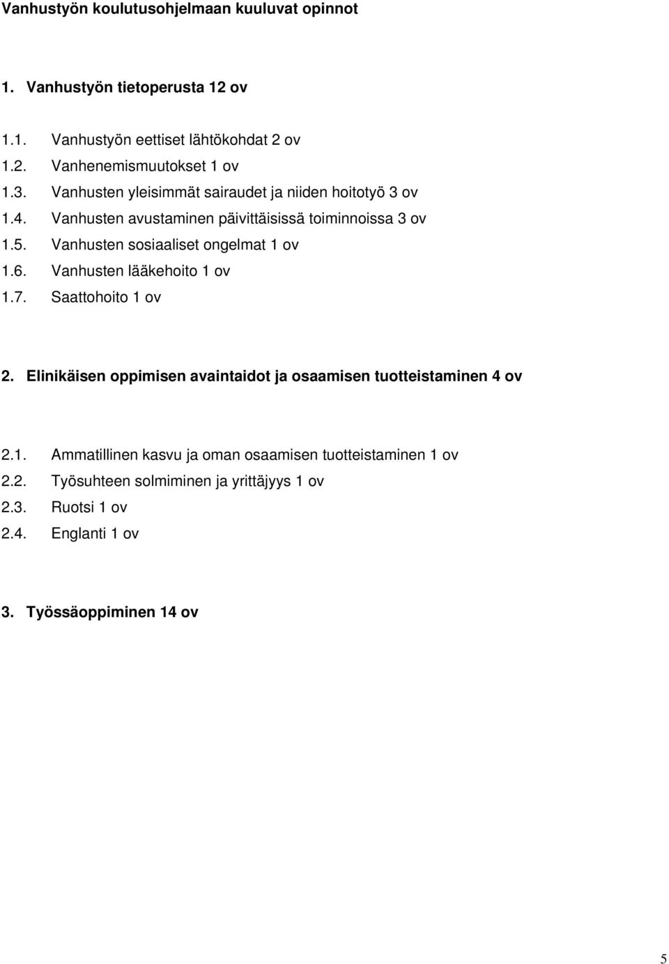 Vanhusten sosiaaliset ongelmat 1 ov 1.6. Vanhusten lääkehoito 1 ov 1.7. Saattohoito 1 ov 2.