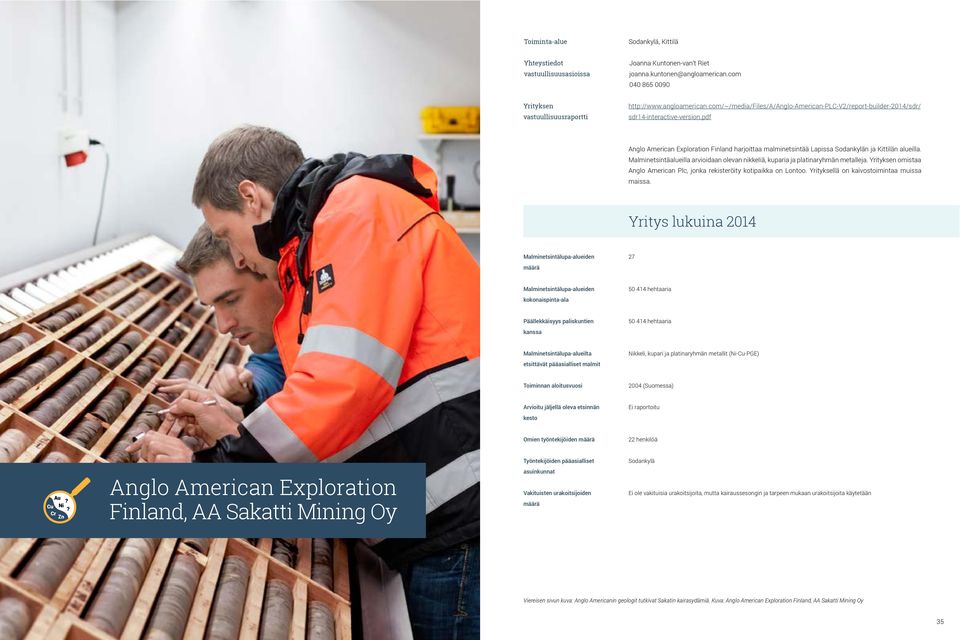 pdf Anglo American Exploration Finland harjoittaa malminetsintää Lapissa Sodankylän ja Kittilän alueilla. Malminetsintäalueilla arvioidaan olevan nikkeliä, kuparia ja platinaryhmän metalleja.