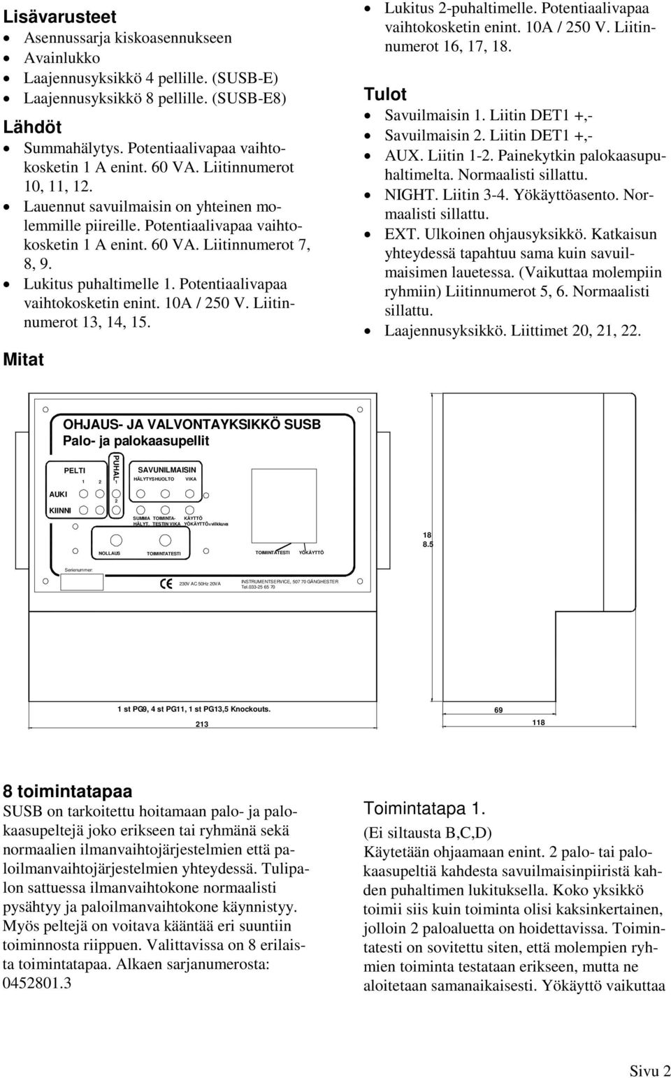 Potentiaalivapaa vaihtokosketin enint. 10A / 250 V. Liitinnumerot 13, 1, 15. Mitat Lukitus 2-puhaltimelle. Potentiaalivapaa vaihtokosketin enint. 10A / 250 V. Liitinnumerot 1, 17, 18.