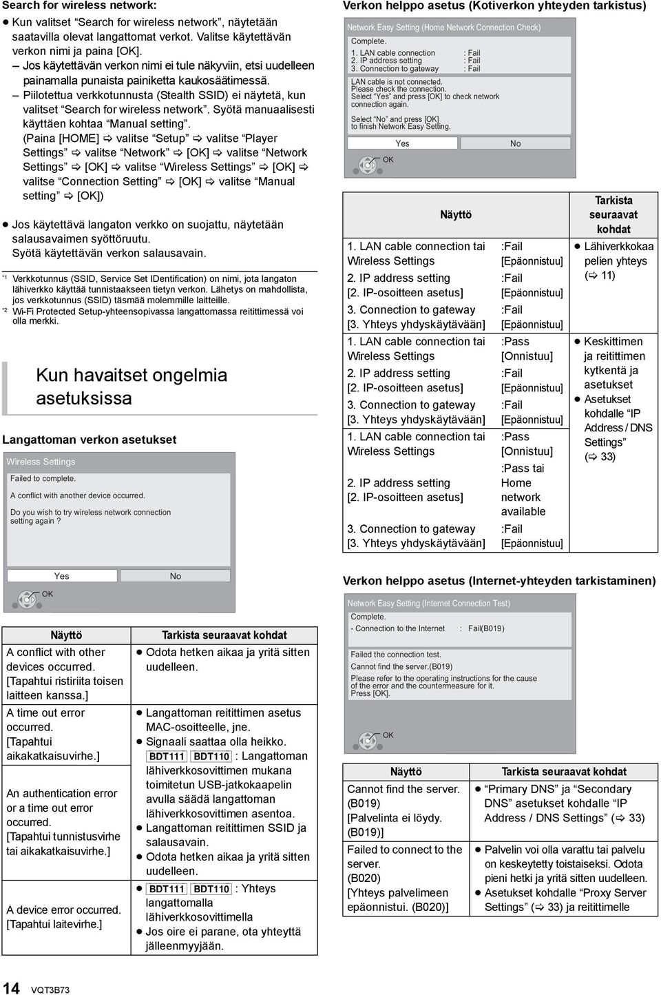 Piilotettua verkkotunnusta (Stealth SSID) ei näytetä, kun valitset Search for wireless network. Syötä manuaalisesti käyttäen kohtaa Manual setting.