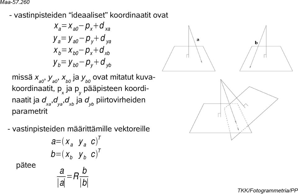 kuvakoordinaatit, px ja py pääpisteen koordinaatit ja dxa,dya,dxb ja dyb piirtovirheiden
