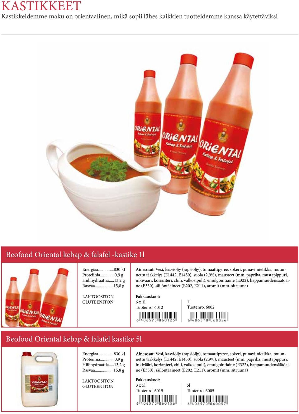 paprika, mustapippuri, inkivääri, korianteri, chili, valkosipuli), emulgointiaine (E322), happamuudensäätöaine (E330), säilöntäaineet (E202, E211), aromit (mm. sitruuna) 6 x 1l Tuotenro.