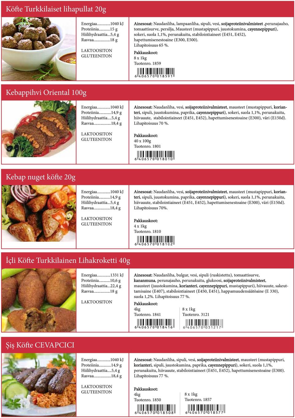 perunakuitu, stabilointiaineet (E451, E452), hapettumisenestoaine (E300, E500). Lihapitoisuus 65 %. Tuotenro. 1859 Kebappihvi Oriental 100g Proteiinia...14,9 g Hiilihydraattia...5,4 g Rasvaa.