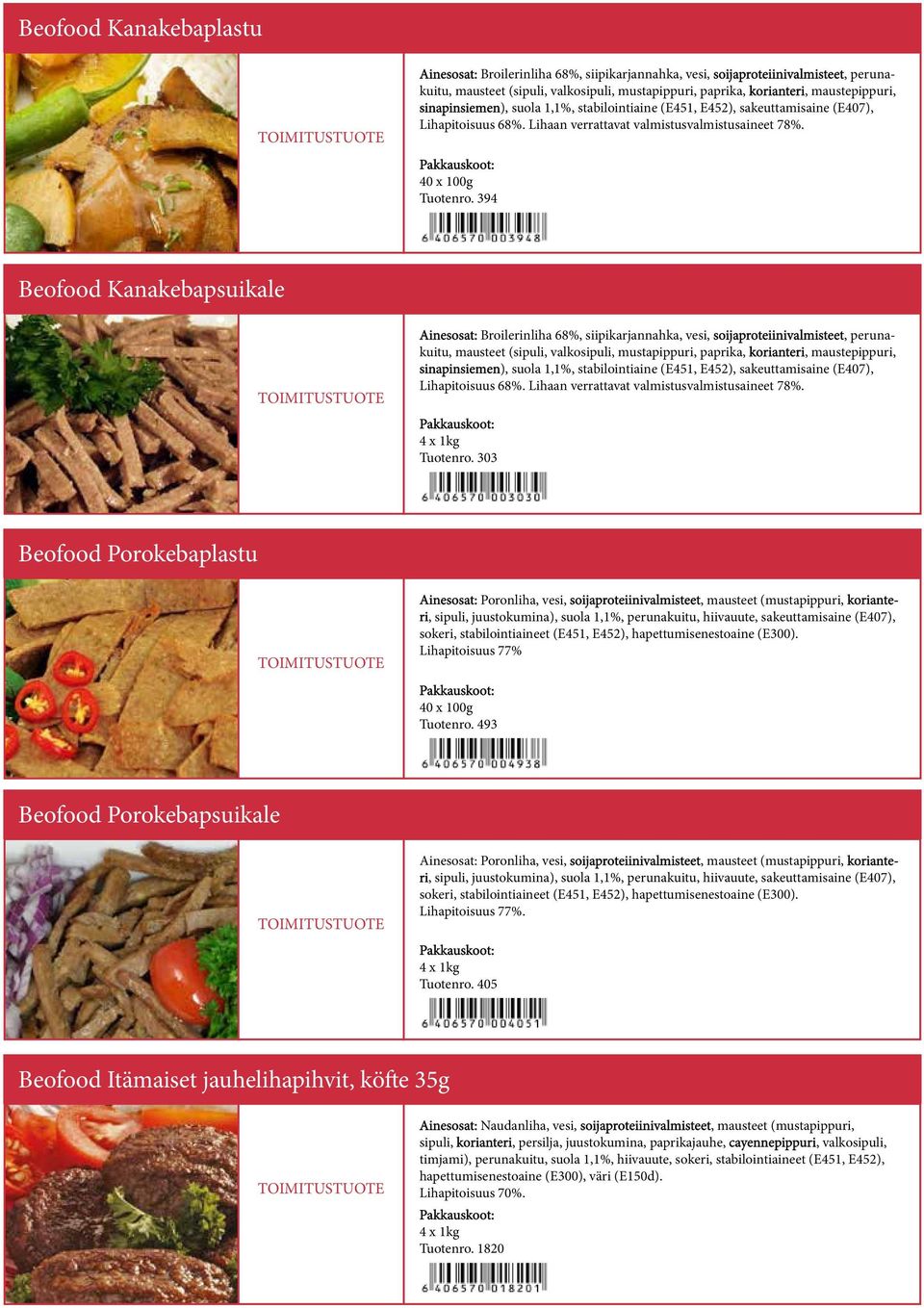 394 Beofood Kanakebapsuikale Ainesosat: Broilerinliha 68%, siipikarjannahka, vesi, soijaproteiinivalmisteet, perunakuitu, mausteet (sipuli, valkosipuli, mustapippuri, paprika, korianteri,