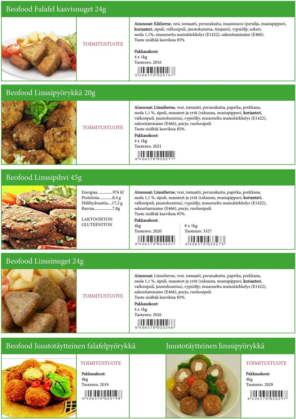 2016 Beofood Linssipyörykkä 20g Ainesosat: Linssiherne, vesi, tomaatti, perunakuitu, paprika, porkkana, suola 1,1 %, sipuli, mausteet ja yrtit (rakuuna, mustapippuri, korianteri, valkosipuli,