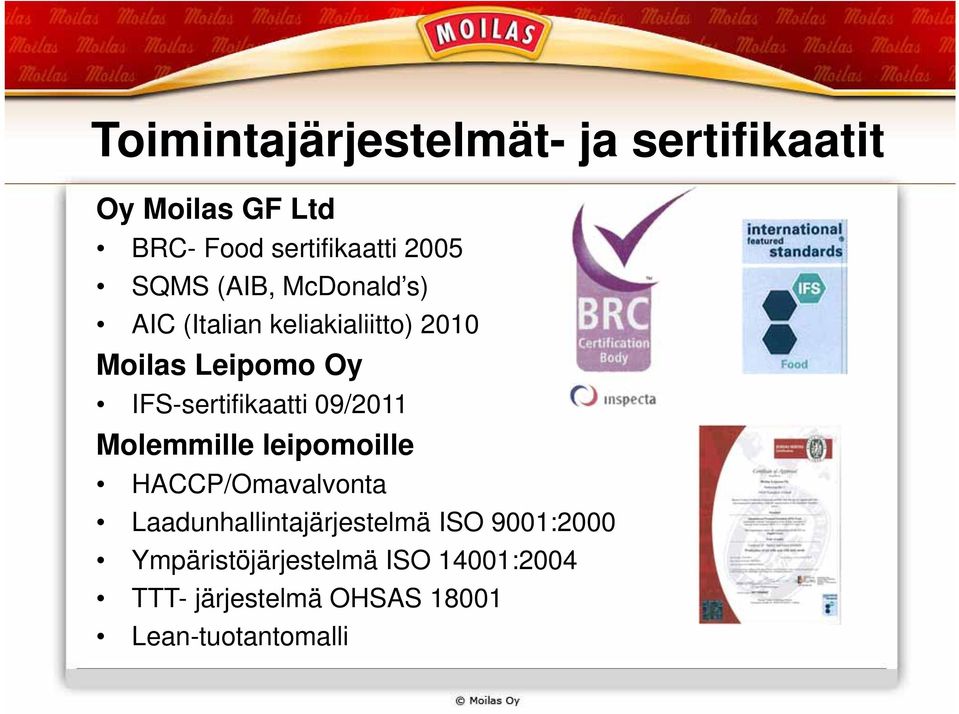 IFS-sertifikaatti 09/2011 Molemmille leipomoille HACCP/Omavalvonta