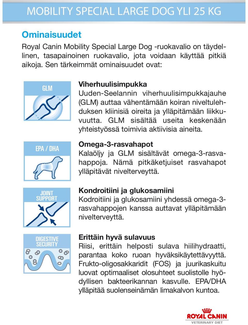 GLM sisältää useita keskenään yhteistyössä toimivia aktiivisia aineita. Omega-3-rasvahapot Kalaöljy ja GLM sisältävät omega-3-rasvahappoja. Nämä pitkäketjuiset rasvahapot ylläpitävät nivelterveyttä.