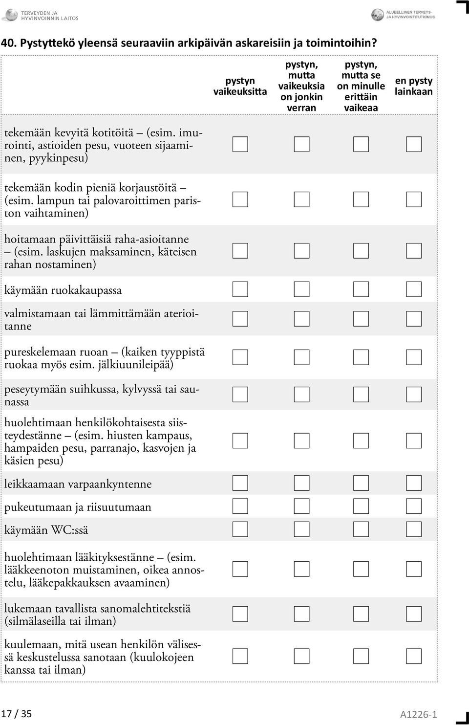 imurointi, astioiden pesu, vuoteen sijaaminen, pyykinpesu) tekemään kodin pieniä korjaustöitä (esim. lampun tai palovaroittimen pariston vaihtaminen) hoitamaan päivittäisiä raha-asioitanne (esim.