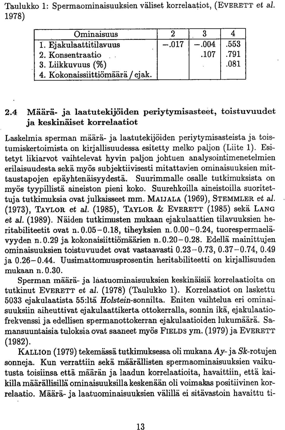 4 Määrä- ja laatutekijöiden periytymisasteet, toistuvuudet ja keskinäiset korrelaatiot Laskelmia sperman määrä- ja laatutekijöiden periytymisasteista ja toistumiskertoimista on kirjallisuudessa