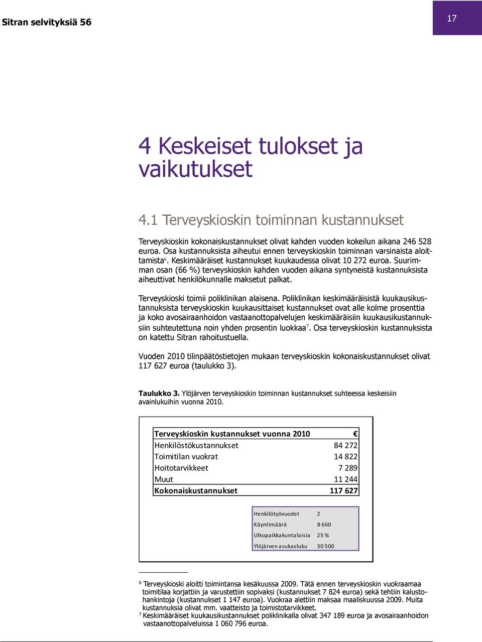 Suurimman osan (66 %) terveyskioskin kahden vuoden aikana syntyneistä kustannuksista aiheuttivat henkilökunnalle maksetut palkat. Terveyskioski toimii poliklinikan alaisena.