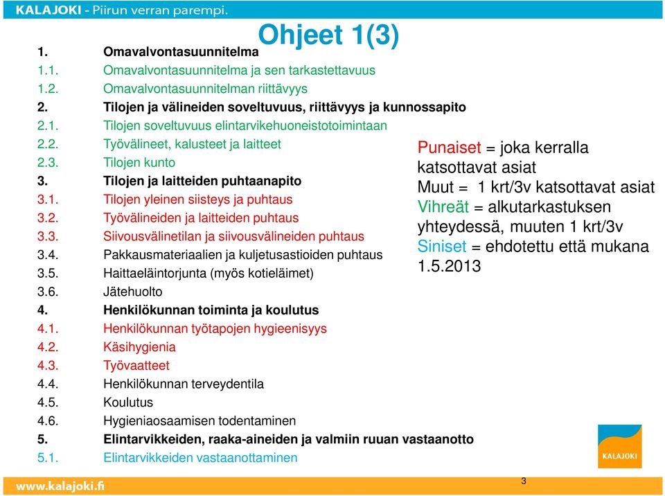 4. Pakkausmateriaalien ja kuljetusastioiden puhtaus 3.5. Haittaeläintorjunta (myös kotieläimet) 3.6. Jätehuolto 4. Henkilökunnan toiminta ja koulutus 4.1. Henkilökunnan työtapojen hygieenisyys 4.2.