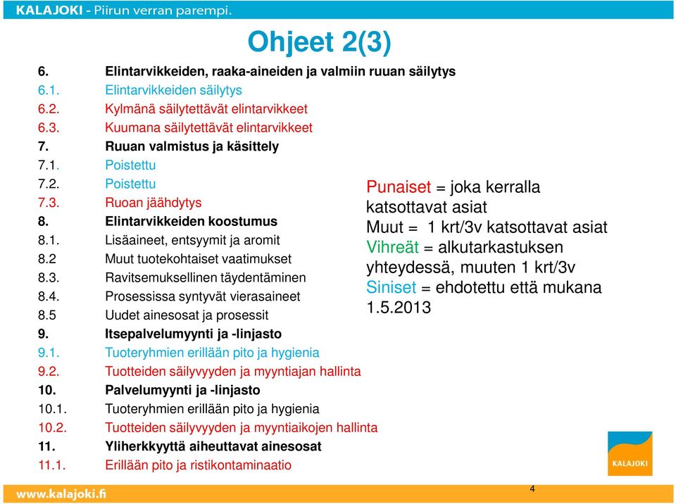 4. Prosessissa syntyvät vierasaineet 8.5 Uudet ainesosat ja prosessit 9. Itsepalvelumyynti ja -linjasto 9.1. Tuoteryhmien erillään pito ja hygienia 9.2.